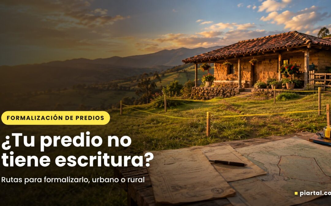 Casa rural de tapia y teja con linderos marcados y documentos del predio sobre una mesa, al atardecer en Nariño